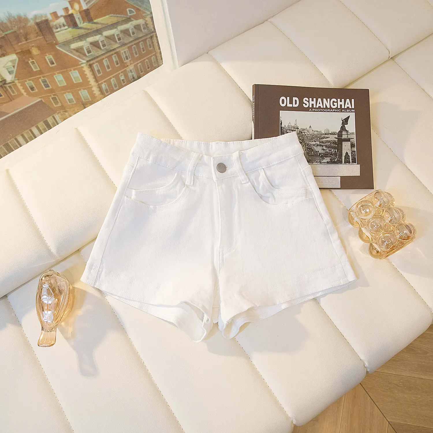 Personalized Blue Women's Denim Shorts Summer American Style High Street High Waist Slim Shorts Casual Loose Zipper Hot Pants