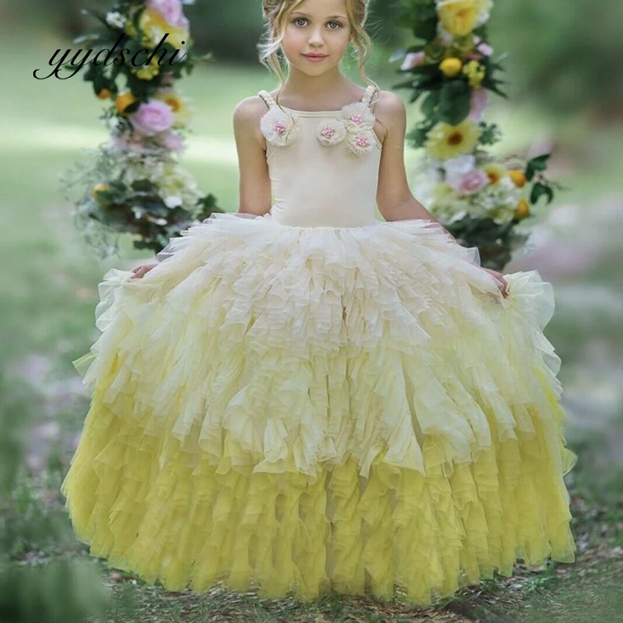 Vestidos de niña de flores personalizados, apliques de tul para boda, vestido de baile con tirantes plisados amarillos, vestido de primera comunión para fiesta de desfile de niños