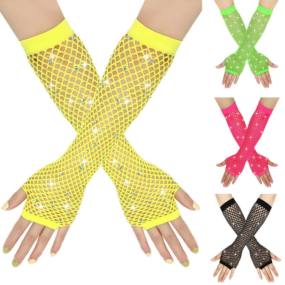 Women Long Fishnet Net Gloves Colorful Net Mesh Arm Sleeve Fingerless Some With Shiny Rhinestone Sexy Mittens Performance Glove