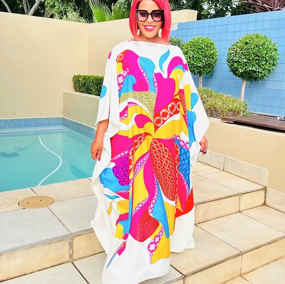 Middle East Elegant Printed Twill Silk Summer Kaftan Maxi Dress Oversized African Blogger Designer Loose Abaya Muslim Long Dress