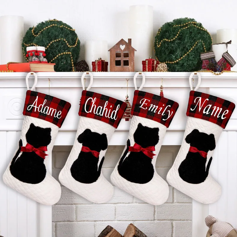 

Personalized Printing Pet Christmas Socks Red Black Checkered Dog Cat Christmas Gift Bag Christmas Tree Pendant Holiday Gift Bag