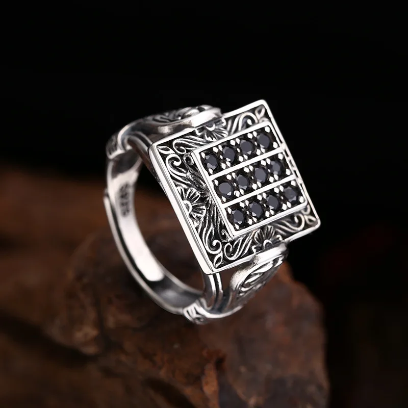 

S925 Sterling Silver Black Zircon Adjustable Ring Punk Style Hip Hop Square Flower Old Process Free Size Fine Jewelry FYRNG092