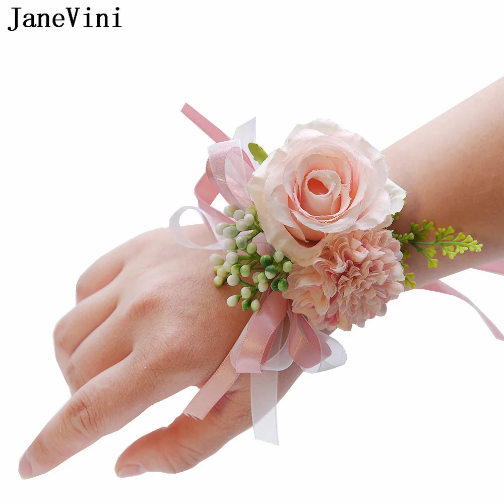 JaneVini 인공 로즈 신랑 코사지 꽃 레드 신부 손목 팔찌 웨딩 브로치 신랑 Boutonniere Femme Mariage