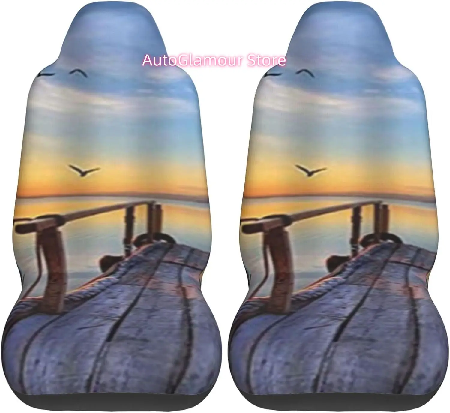 Sunset Ocean Wooden Pier Bridge Jetty Seagull Universal Car Seat Covers 2-Piece Set - Stretch-to-Fit Front Seat Protectors for C