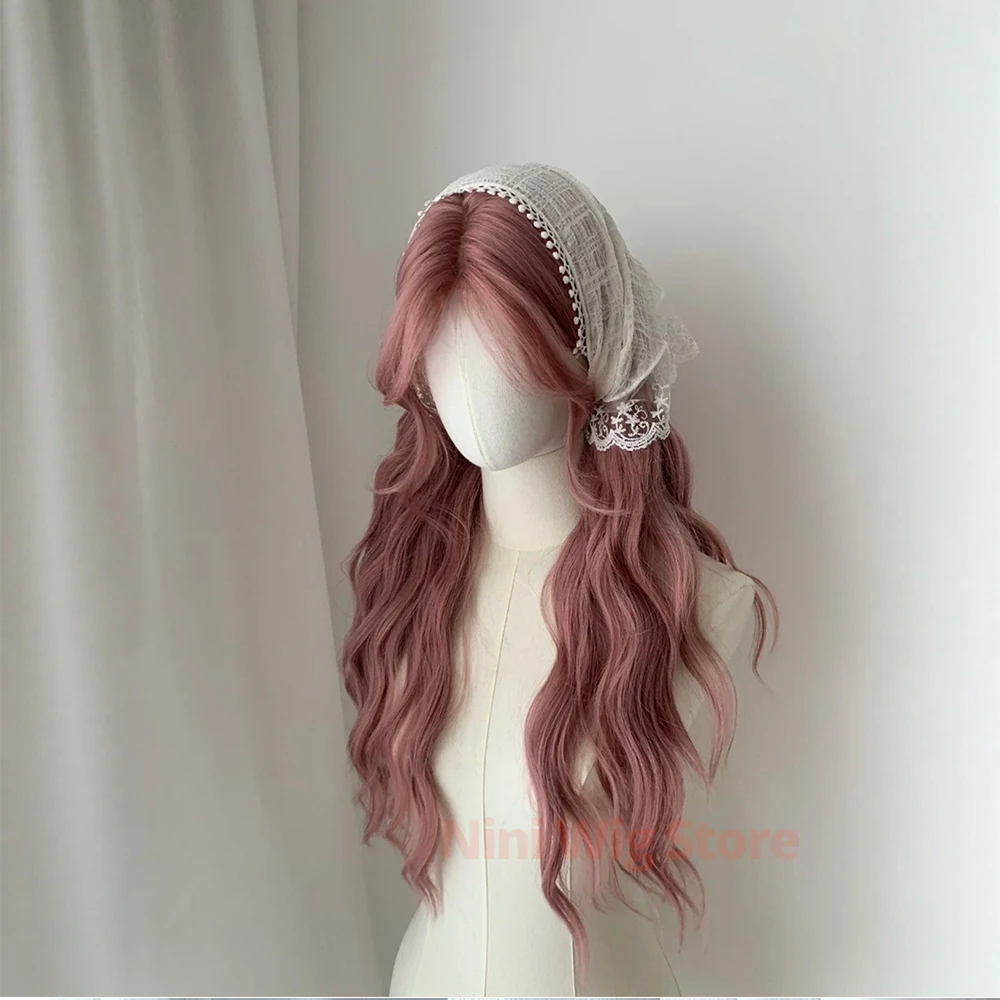 Pink Wavy Synthetic Wig Natural Long Curly Hair Cosplay Party Lolita Wig for Women Daily Use Heat Resistant Forehead Lace Wigs