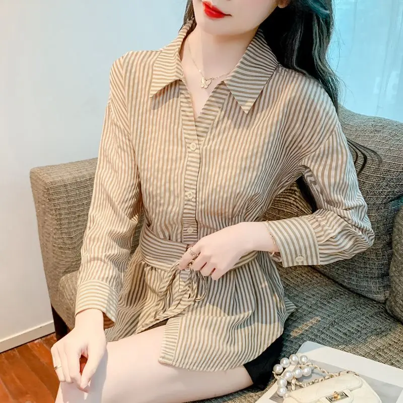 Spring Autumn New Fashion Striped Shirts Women's Clothing POLO Collar Long Sleeve Dovetail Slim Korean Lacing Simplicity Tops