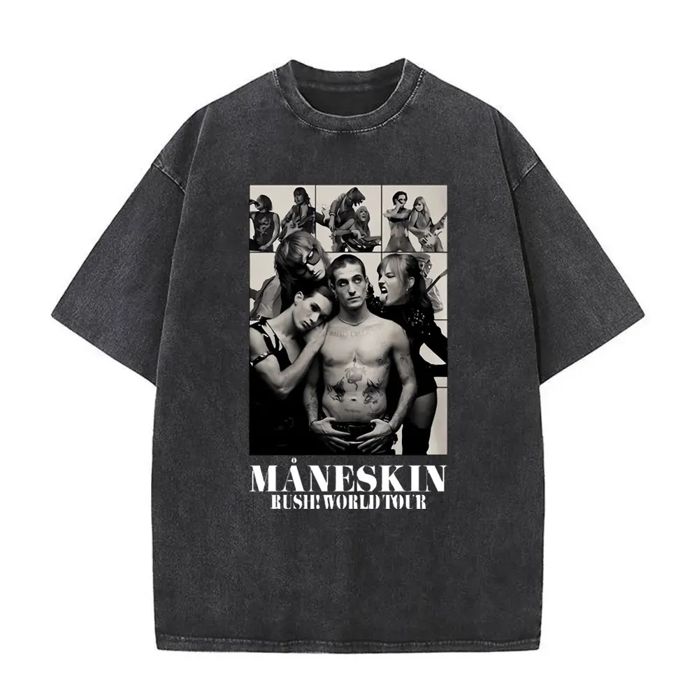 

Washed Vintage Rock Band Maneskin World Tour Graphic Print Tshirt Male Cotton T-shirt Men Women Fashion Casual Oversized T Shirt