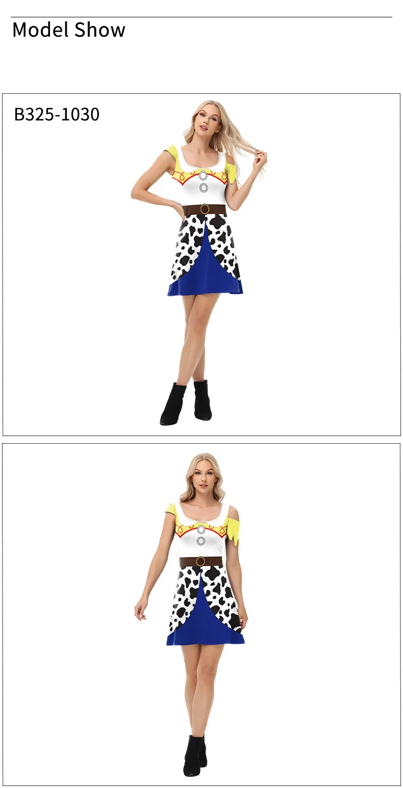Damen Cowgirl Cosplay Kostüm mit Cold-Shoulder-Design, Kurzarm, Ripped-Look, Kuhmuster, Faschingskostüm für Halloween, Karneval, Western-Themenparty – Detail 4