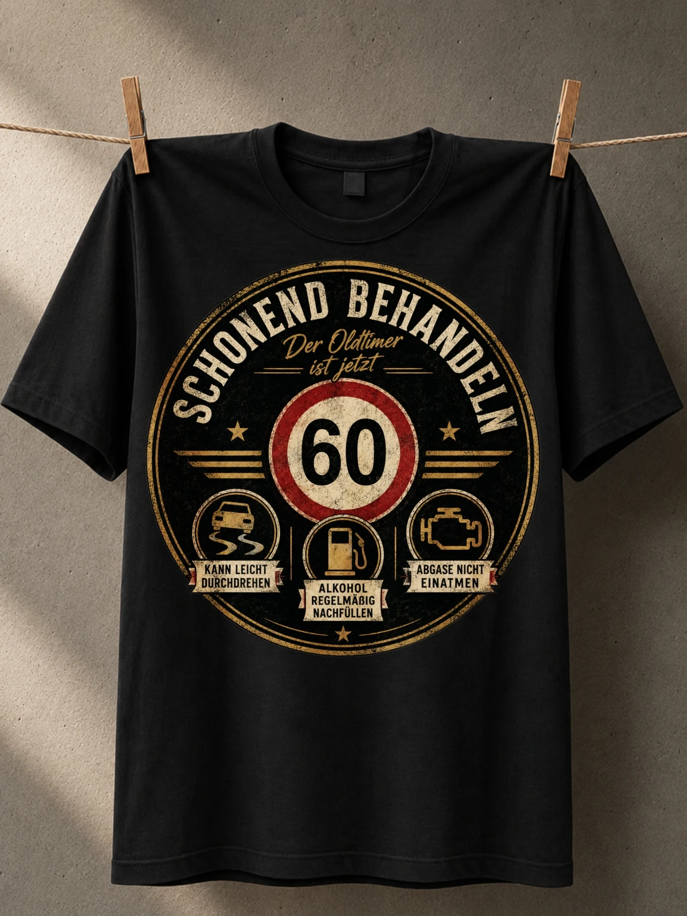 Der Oldtimer Ist Jetzt 60 Circle German sixtieth birthday humor Tee With round warning fuel pump s  Unisex All T-Shirt