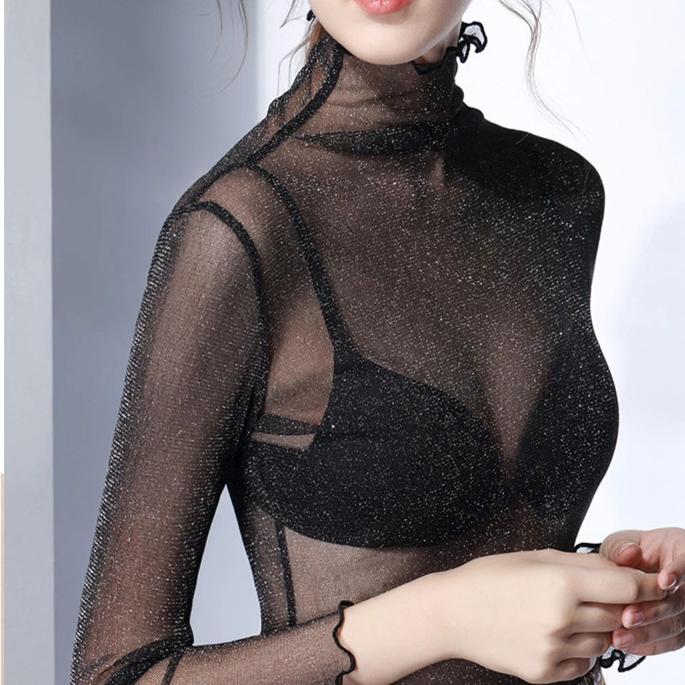 Sexy Mesh Transparent Blouses Tops Sheer Fishnet See Through Long Sleeve Sunscreen Tops Black Silver Bling Party Bottoming Shirt