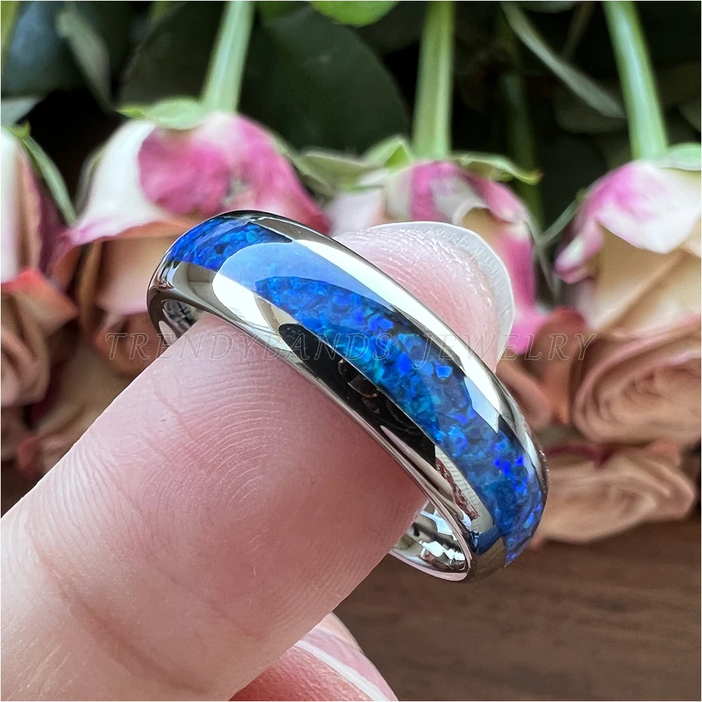 6 mm 8 mm Ringe für Männer und Frauen, Wolfram-Ehering, Modeschmuck, blaue Opal-Inlay, gewölbt, poliert, glänzend, bequeme Passform – Detail 24