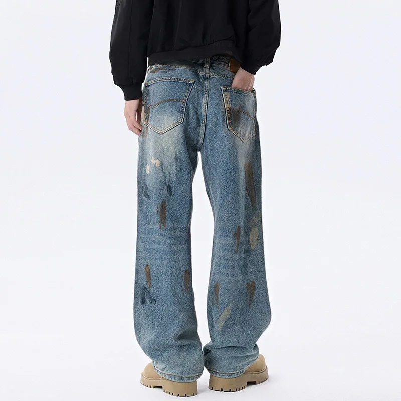 

Винтажные джинсы с градиентом, расписанные вручную, модные и простые свободные мужские прямые широкие длинные брюки на весну и осень