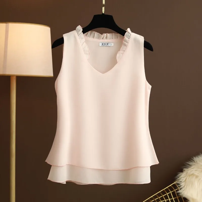 Plus Size Halter Chiffon Top Sleeveless Ruffle V-Neck Loose Flowy Summer Bohemian Beach Swim Cover Up Tunic Blouse 0XL/L 5XL view 5