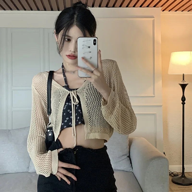 Summer Casual Cardigans Women Sun-proof Thin Cropped Loose Beach Style Fashion Hollow Out Pure O-neck Ulzzang Holiday Clothing