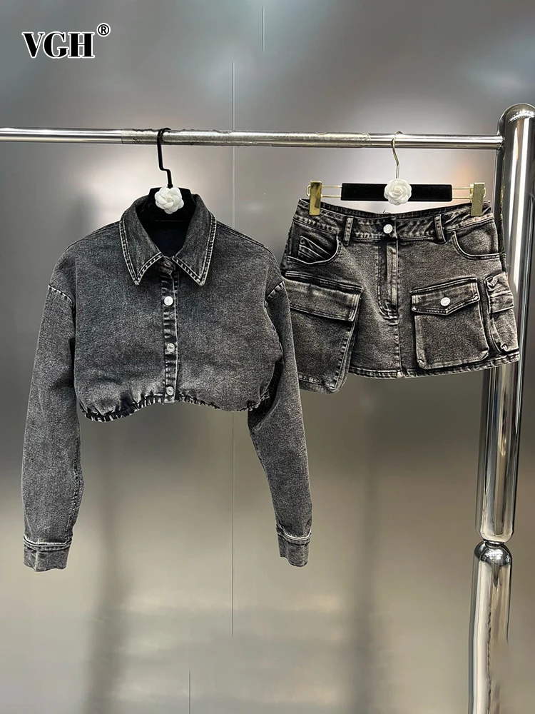 

VGH Denim Two Piece Set For Women Lapel Long Sleeve Crop Tops High Waist Spliced Pockets Mini Skirts Streetwear Sets Female New