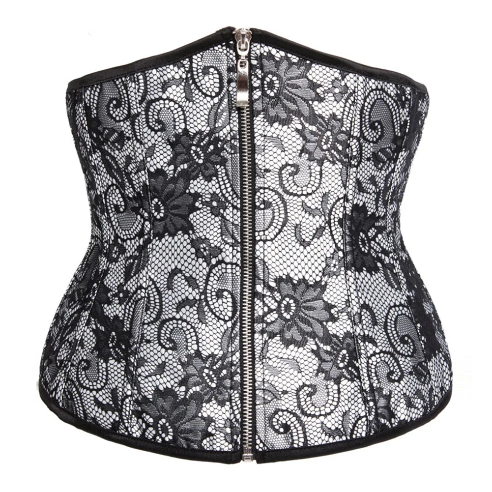 Red & Black Floral Lace Zipper Victorian Underbust Corset Sexy Women Waist Trainer Body Shaper Tummy Slimming Gothic Bustier Top