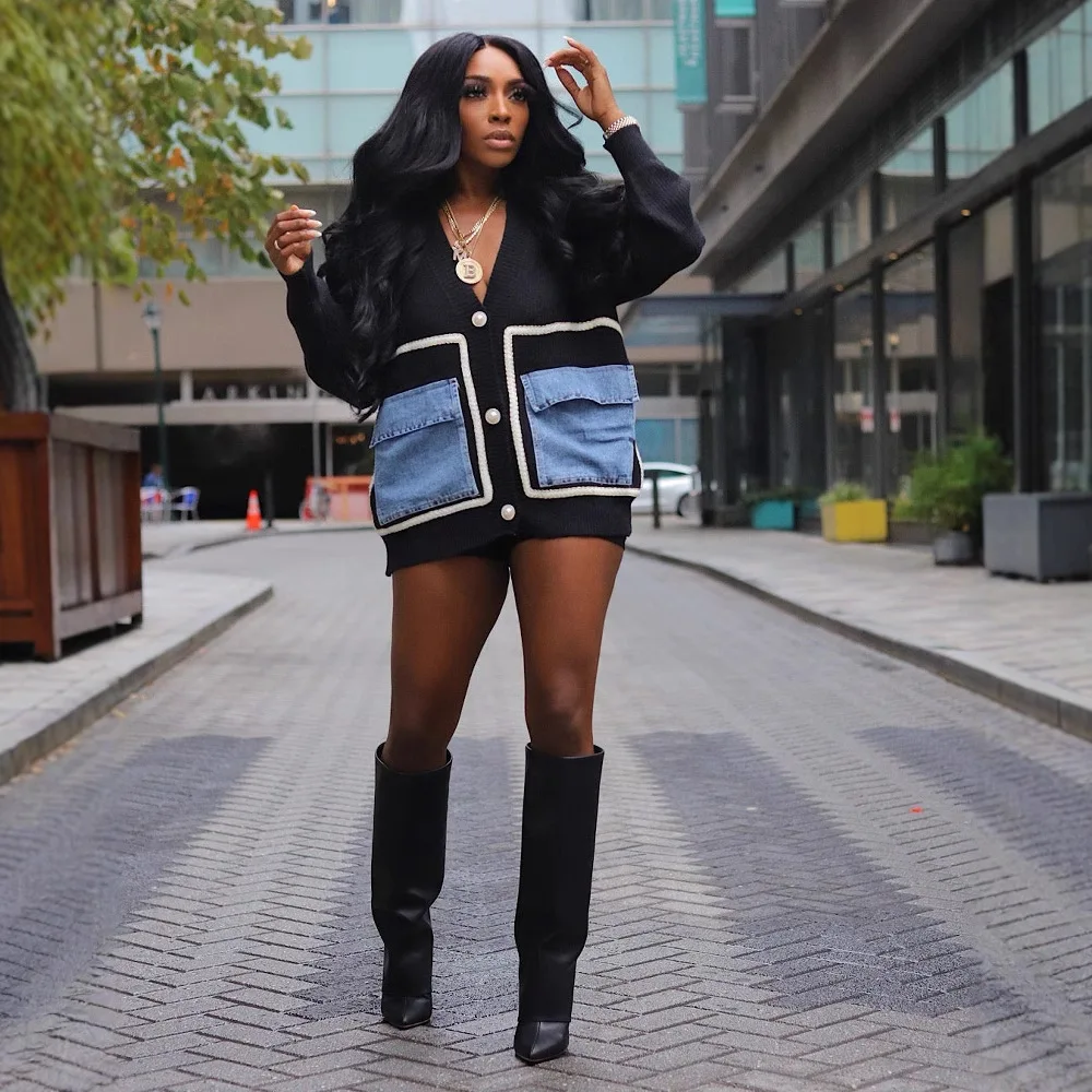 

2025 женский вязаный кардиган, джинсовый лоскутный однобортный свободный крой на пуговицах спереди, повседневное пальто