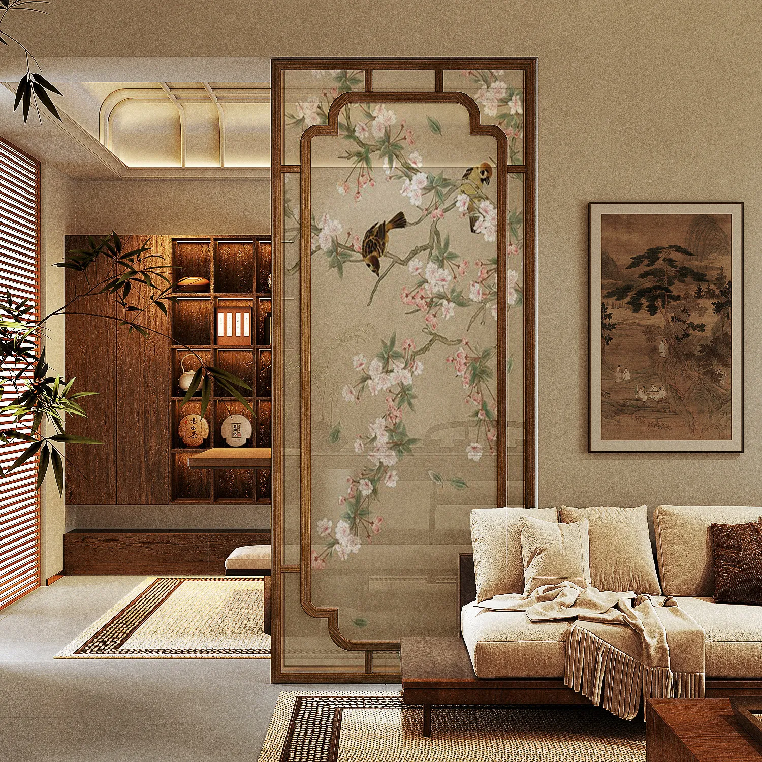 Flower and bird solid wood screen partition wall living room home entrance door balcony block tea room
