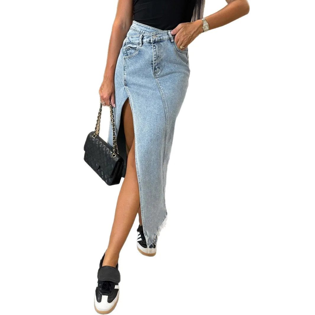 

Summer new denim slim-fit button split-ended splicing A-shaped skirt mid-skirt