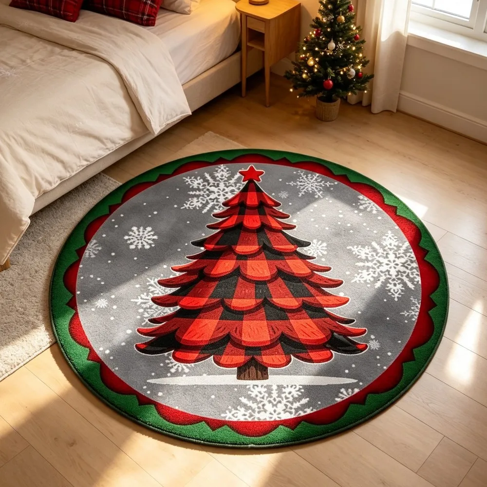Pink Christmas Tree Round Area Rug Gold Polka Dot Circular Floor Mat Black Holiday Indoor Accent Carpet for Apartment Parlor