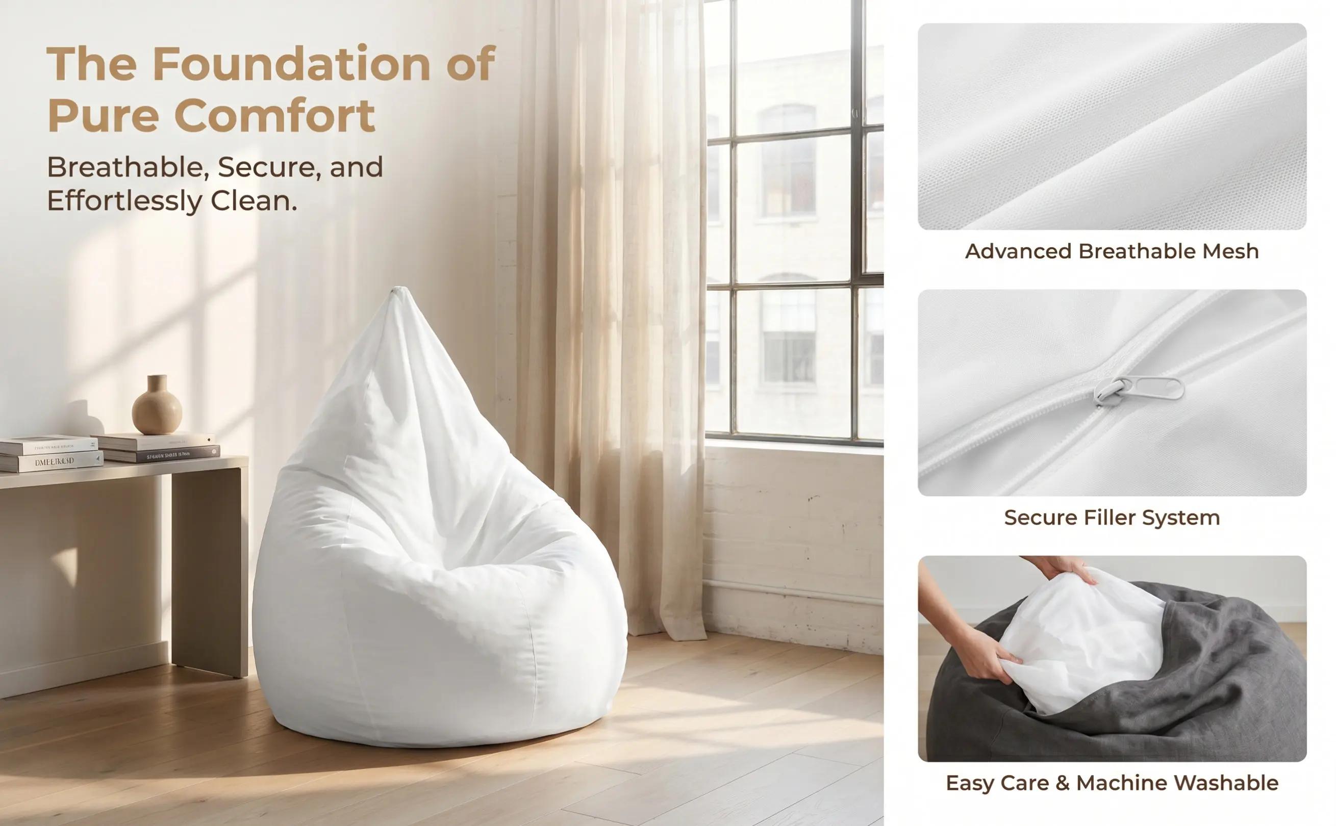 Reusable Lazy Sofa Liner Sleeve Inner Bag Replacement Breathable Soft Gauze Bean Bag Liner Cover Easy Maintenance Versatile Home