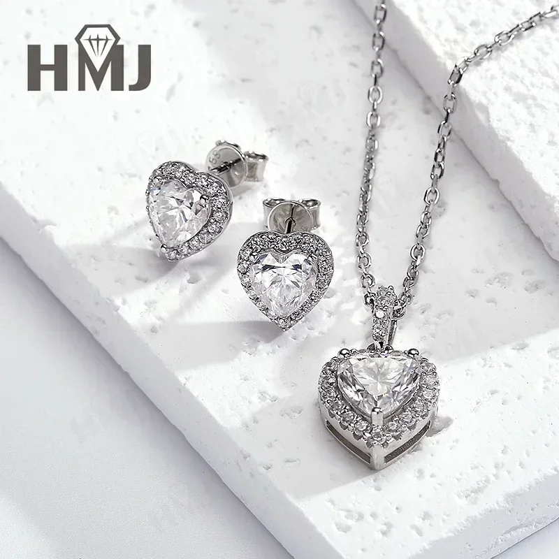 Heart Cut Earring Necklace Jewelry Sets D Color Moissanite 100% 925 Sterling Silver Plated 18K For Women Fine Wedding Gift