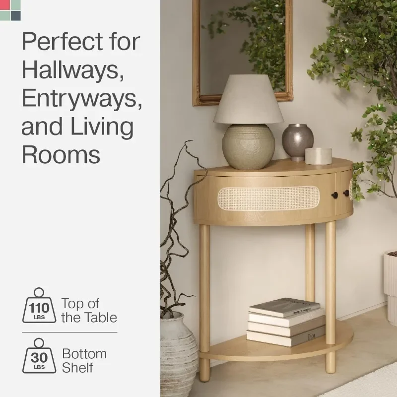 Rattan Half Moon Entry Table - Small Console Table with Storage for Narrow Spaces - Modern Boho Home Decor - Cane Console Table