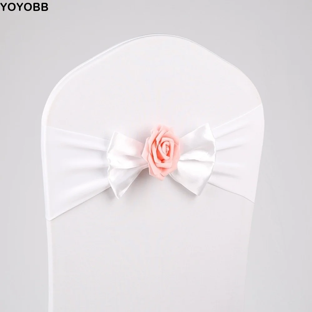 2pcs Durable Vintage Satin Chair Sashes Band Multicolor Reusable Chair Bow Tie Elastic Rose Chair Back Flower Wedding