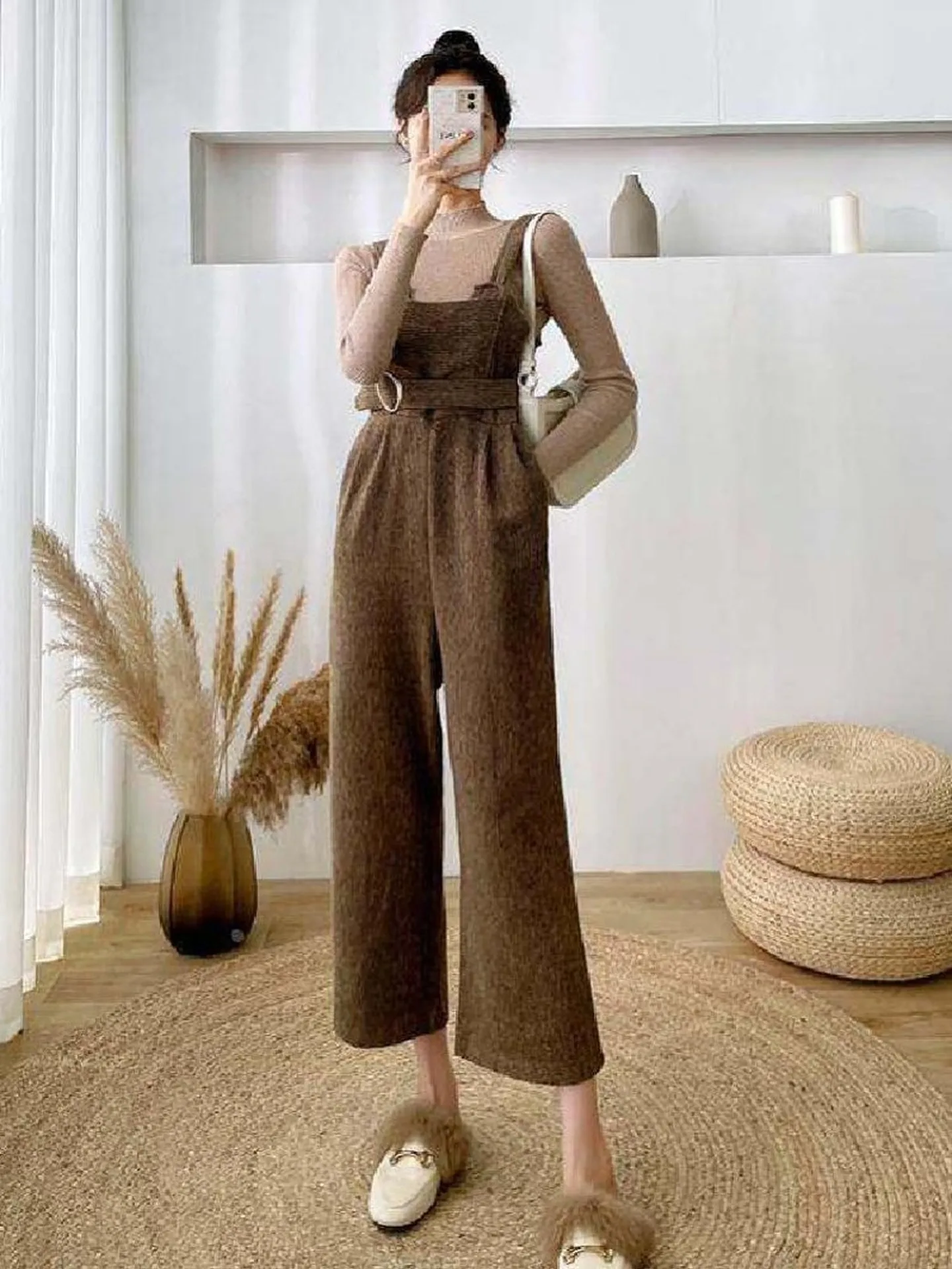 

Женский утепленный шерстяной комбинезон с широкими штанинами, осенне-зимний, с высокой талией, кофейного цвета, с ремнем, комплект из двух предметов, для повседневной носки