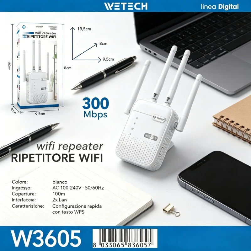 Ripetitore WiFi da 300 Mbps, amplificatore di segnale wireless con 4 antenne esterne, 2 porte LAN, configurazione WPS con un solo clic per migliorare la rete domestica.
