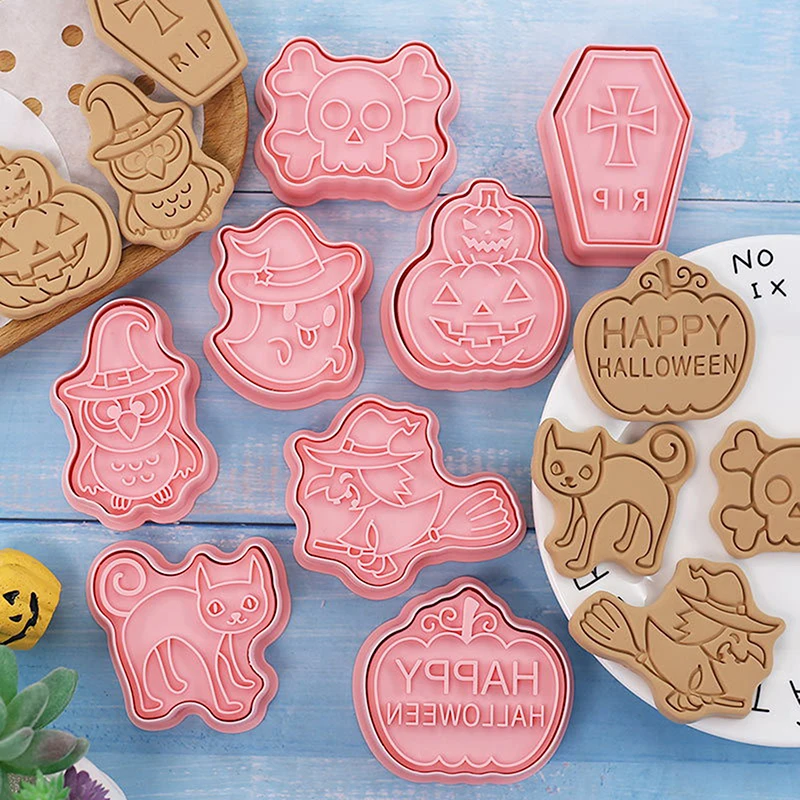 Halloween Cartoon Cookie Molds Set Pumpkin Wizard Plastic Cookie Cutter Frosting Cookie Stamps Baking Tools