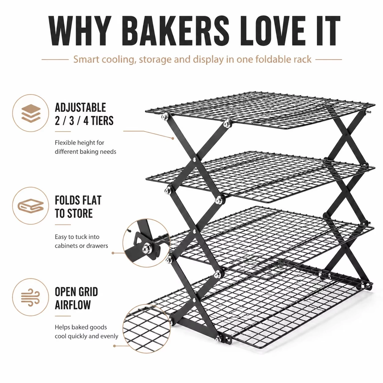 Foldable 2/3/4 Tier Cooling Rack For Baking Space Saving Stackable Wire Grid Cookie Cake Stand Easy Storage Baking Tools