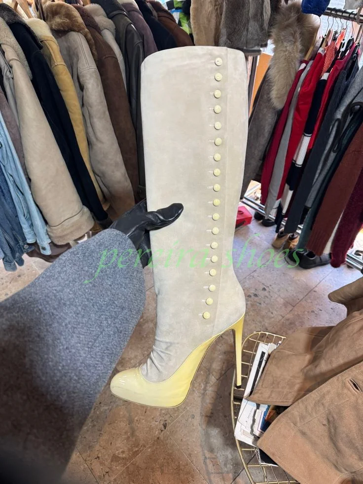 

Lady Grey Suede Platform Pointed Knee Boots Suede Pleated Footwear Runway Grey Color Suede Stiletto Heel Party Sexy Boots Size