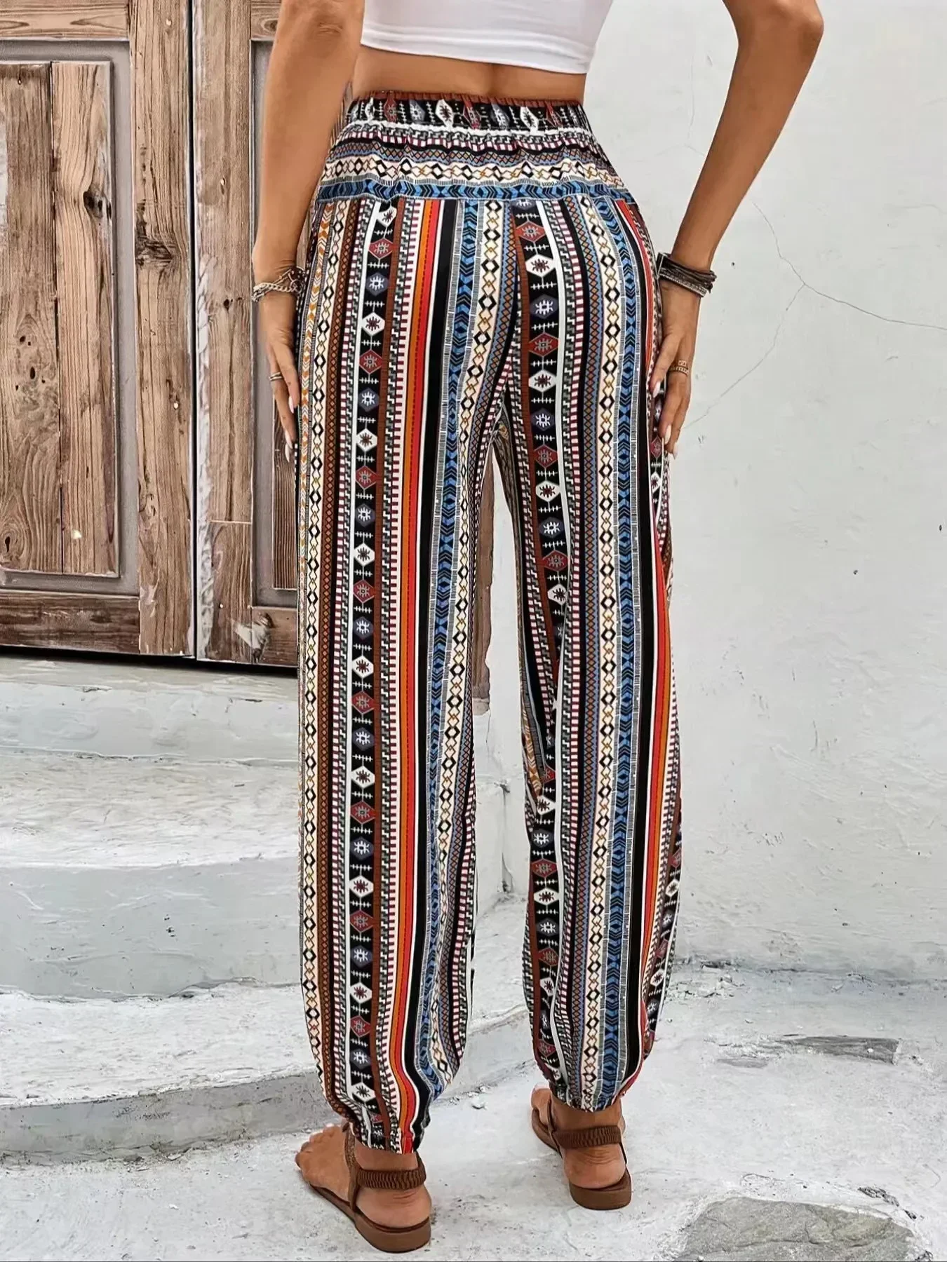 Letnia moda damska Wszechstronny styl etniczny Losowo drukowane spodnie z wysokim stanem i koronką Casual Slim Straight Leg Pants