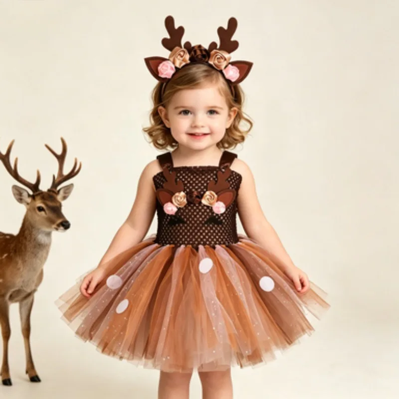 

Kids Christmas Tulle Puffy Dress, Elk Pattern Tutu Skirt,Daily Formal Dress for Halloween, Christmas Parties, Stage Performances