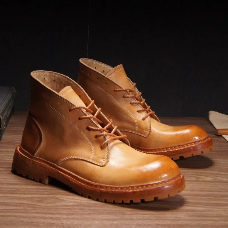 

Vegetable Tanned Camel Skin Ankle Boots Men Washed Retro Casual Lace Up Genuine Leather Comfortable Motorcycle Chelsea Boots
