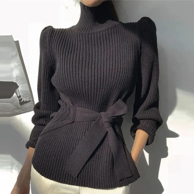 Xpqbb Women Turtleneck Pullover Sweater Korean Fashion Bandage Side Split Knitting Jumper Woman Winter Warm Long Sleeve Sweaters