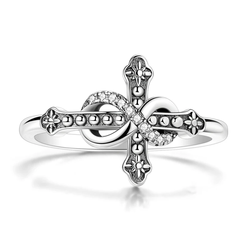 Original 925 Sterling Silver Sparkling The Cross and the Infinity Ring For Women Girls Jewelry Birthday Anniversary Gifts
