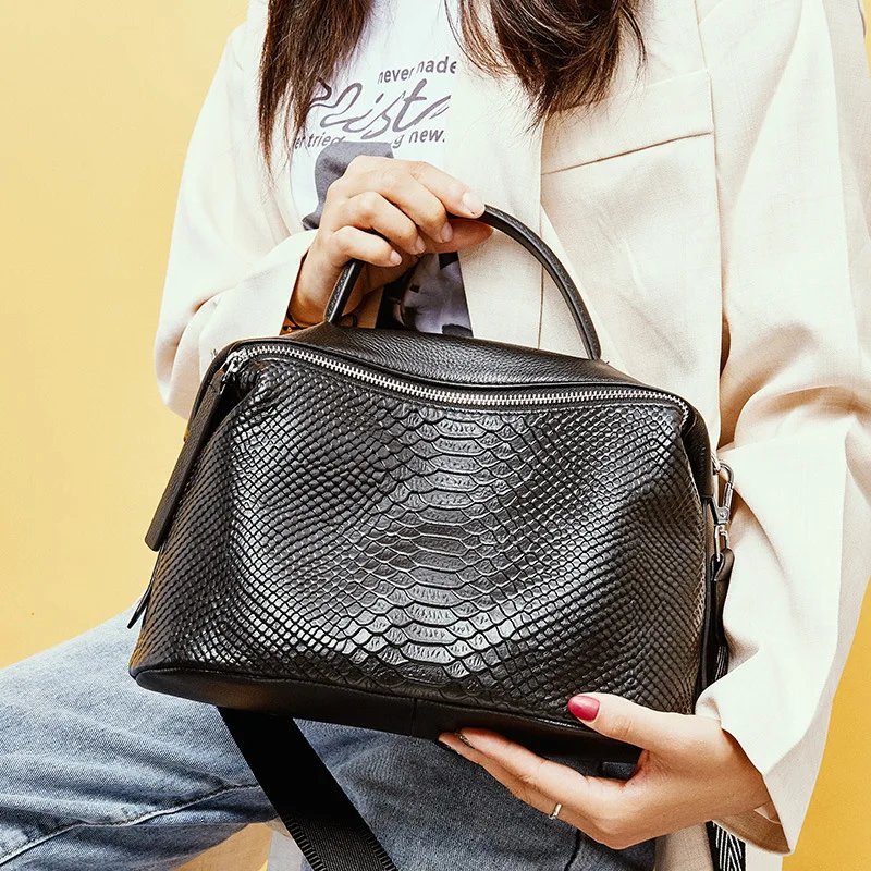 Zency Women Boston Bags Genuine Leather Tote Shoulder Bag Casual Crossbody Bags Roomy Handbag for OL