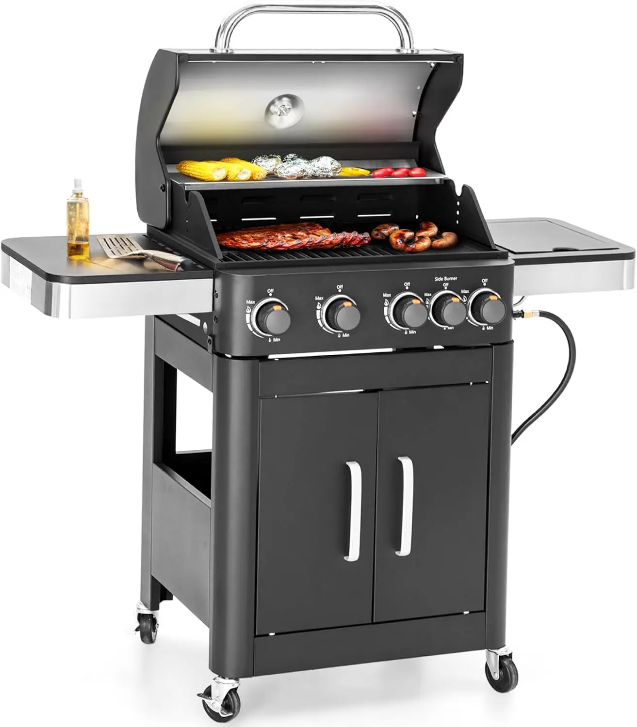 

4-Burner Propane Gas BBQ Grill with Side Burner – 46,700 BTU Cabinet Style Outdoor Cooking Grill, Black, with Porcelain-Enameled Cast Iron Grates for Garden Barbecue
