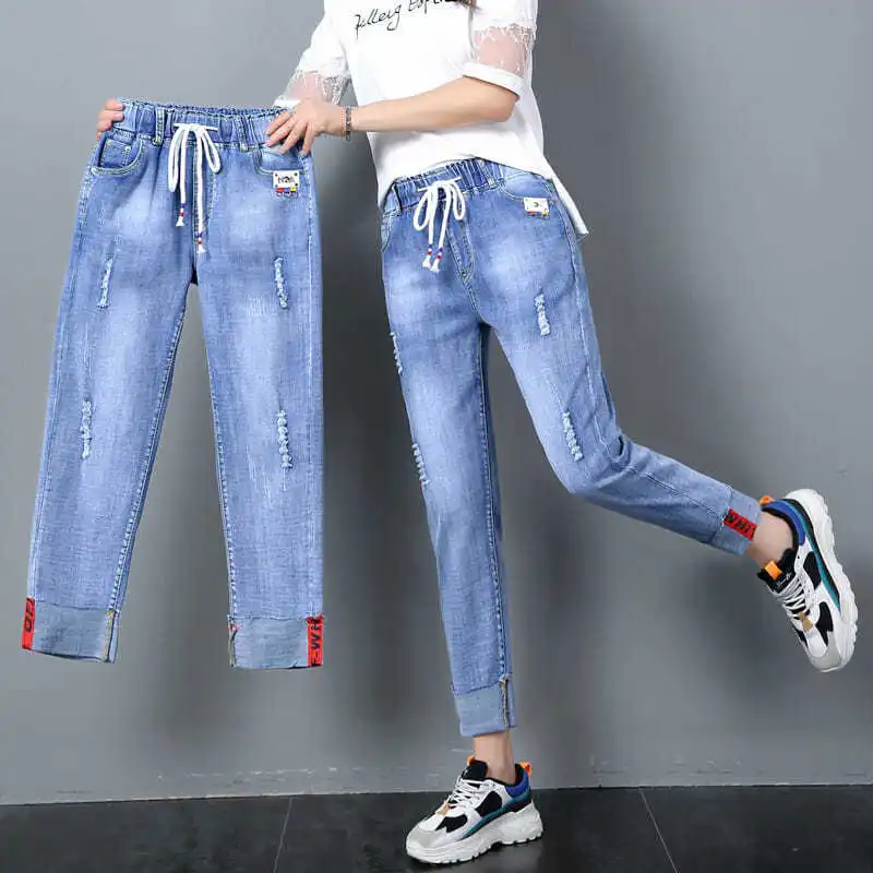 Jeans Women New Spring Autumn Elastic High Waist Student Jeans Korean Loose Hole Casual Female Ankle-Length Straight Denim Pants