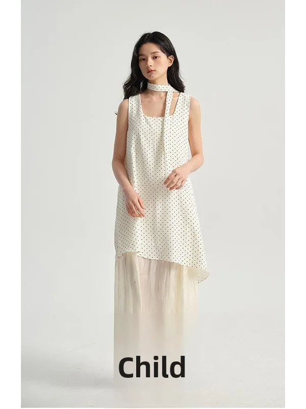 

Женское летнее платье-жилет больших размеров (до 300 фунтов) в корейском стиле, с эффектом двухслойности, в горошек, свободного кроя, повседневное, стройнящее