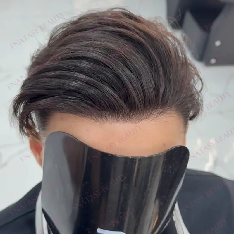 Black Brown 100% Human Hair European Man's Hair System Prosthesis Capillary Undetectable Wavy Mono Top 0.1mm Pu Base Man's Wigs