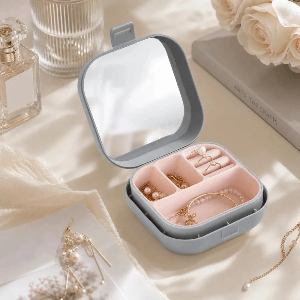 Portable Jewelry Box with Compartment Container Small Desktop Organizer Large Capacity Plastic Box with Mirror Gifts