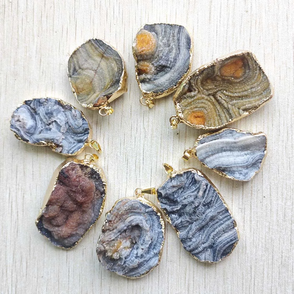 Natural Galaxy Sun Agate gold color side Irregular roun pendants for necklaces jewelry making 8pcs/lot Wholesale free shipping