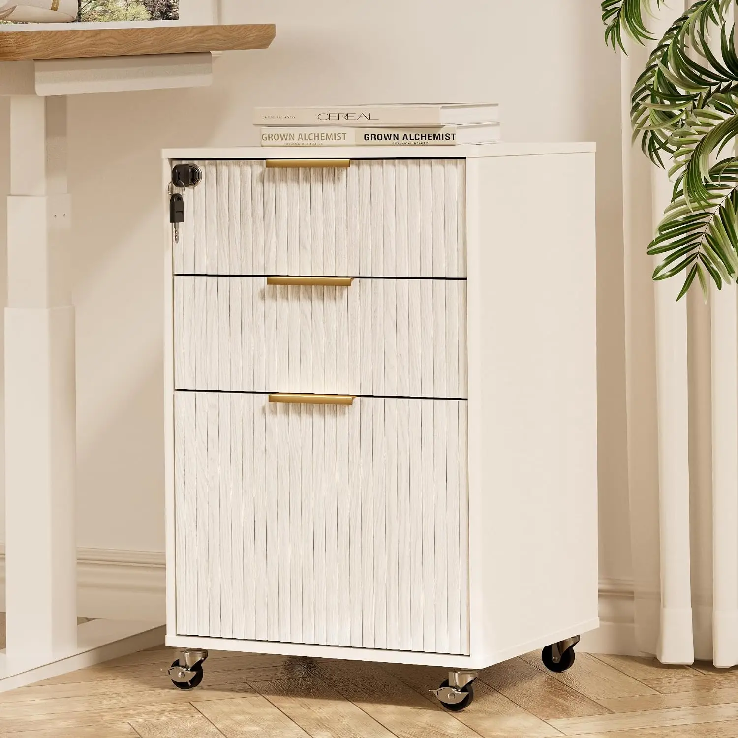 3 Drawers Fluted Mobile File Cabinet Lock Rolling Printer Stand Under Desk Wooden Storage Home Office A4 White, Customized