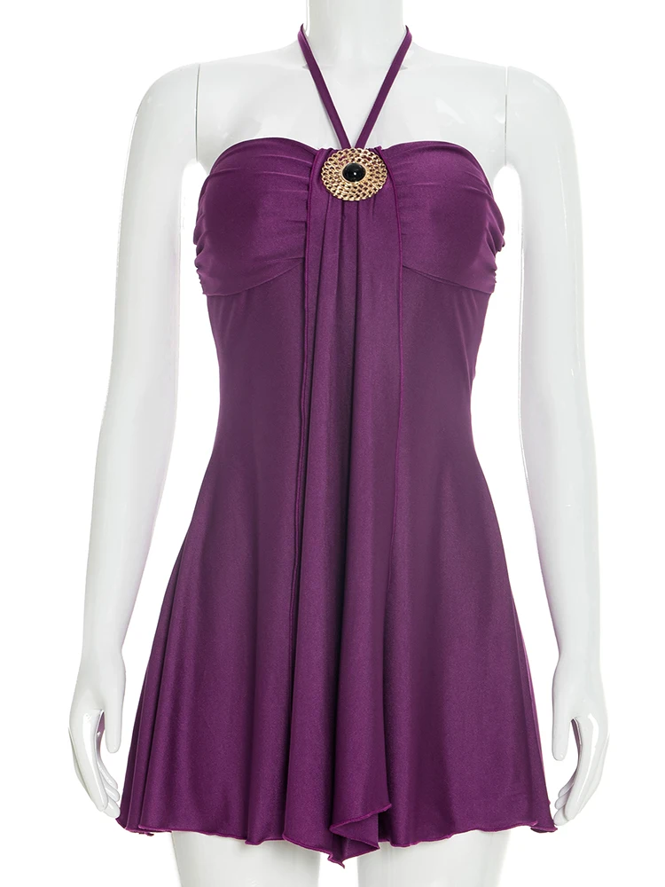 Kliou En Métal Anneaux Décoration Mini Robe Femme Halter Dos Nu Sans Manches Chaude Filles Minuit Club Parti Froncé Élégant Moul