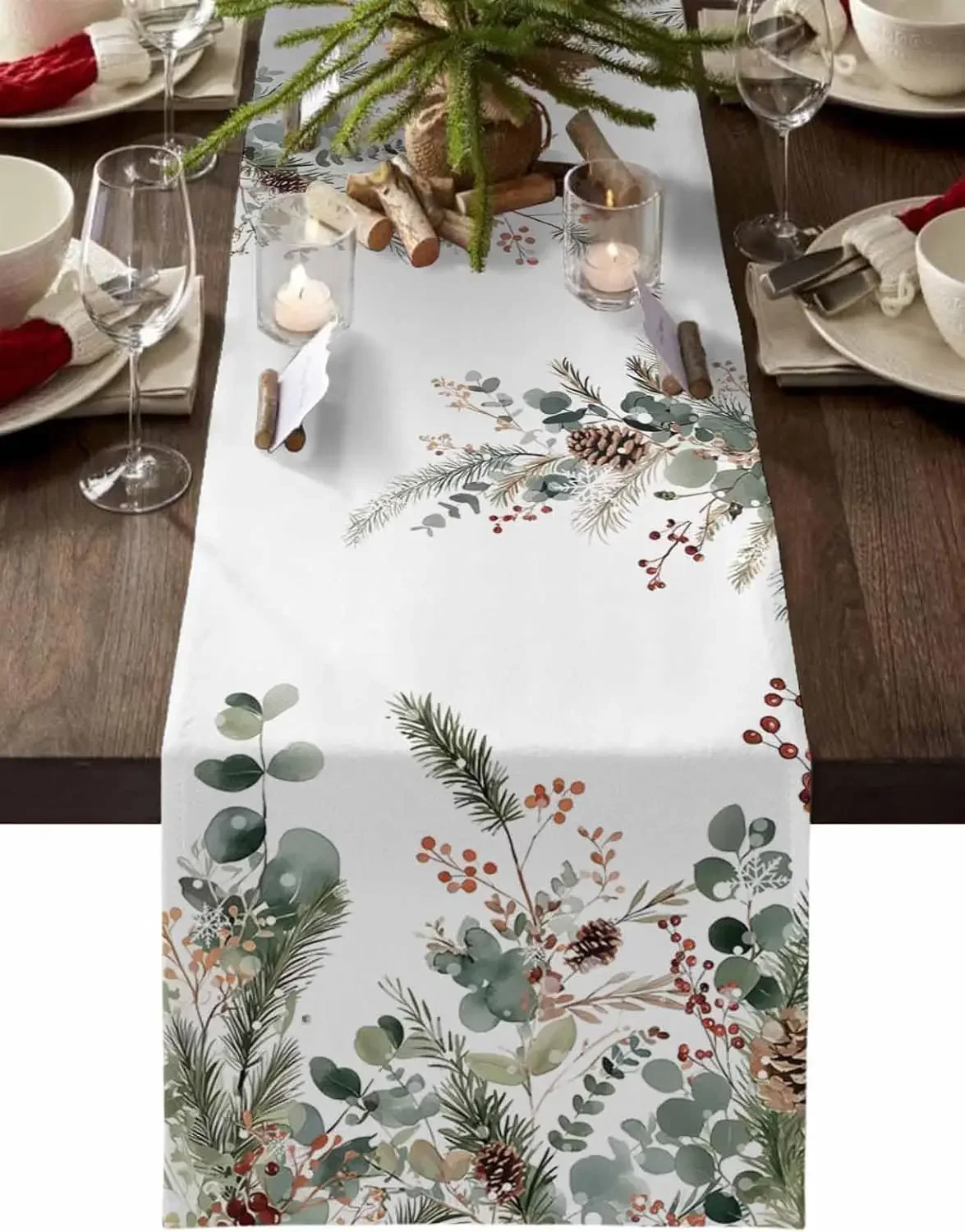 Christmas Botanical Pinecone Eucalyptus Leaves Linen table runners Dining Room decor reusable table runners xmas decorations