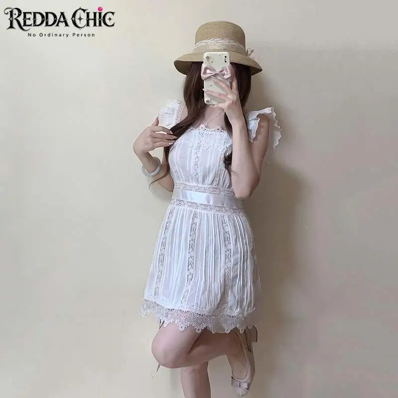 ReddaChic Coquette Lace White Dress for Women Cute A-line Square Neck Cinched Waist Sleeveless Mini Dress Vintage Summer Clothes