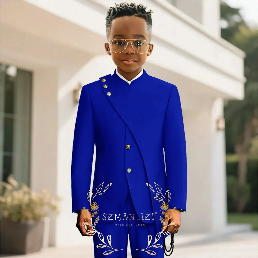 Boy African Style Stand Collar Suit Custom Fashion Boy Formal Wear Wedding Dress Costume Kids 2 Piece Set (Jacket+Trouser)